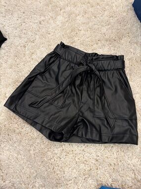 Ci Sono Black Faux Leather High-Waist Paperbag Shorts with Tie